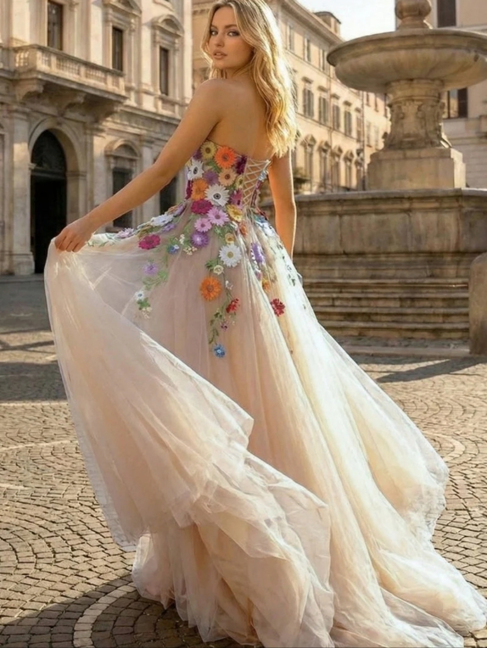 Womens Floral Appliqué Tulle Gown - Pink & Multicolor - Picture 10 of 10